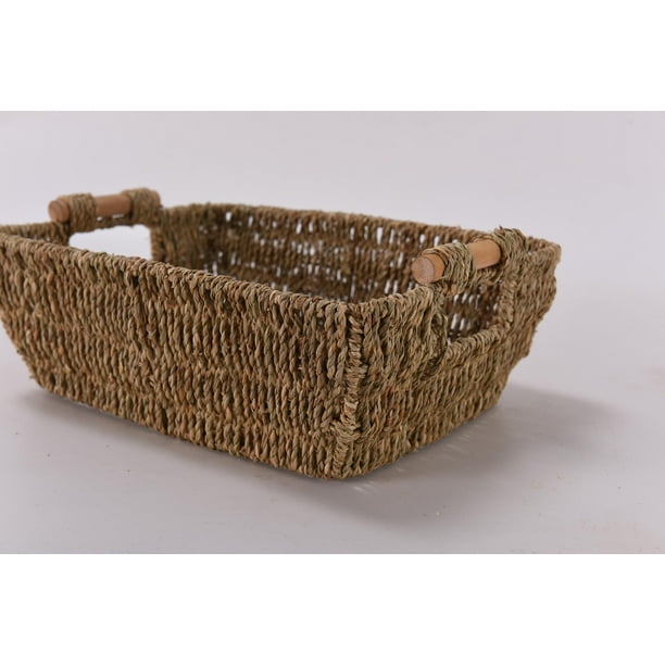 Fuara 2pcs Hand-Woven Large Storage Baskets with Wooden Handles Seagrass Wicker Baskets for Organizing